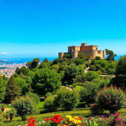 A picturesque view of Montjuïc mountain featuring the iconic Montjuïc Castle perched atop