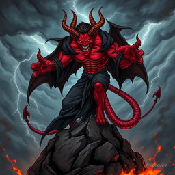 A striking and captivating illustration of a devilish figure, featuring red skin, sharp horns, and an ominous grin
