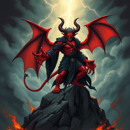 A striking and captivating illustration of a devilish figure, featuring red skin, sharp horns, and an ominous grin