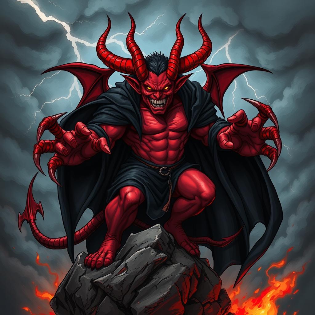 A striking and captivating illustration of a devilish figure, featuring red skin, sharp horns, and an ominous grin