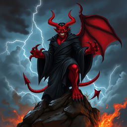 A striking and captivating illustration of a devilish figure, featuring red skin, sharp horns, and an ominous grin