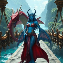 A female merfolk wizard with striking blue skin, showcasing powerful and mystical features