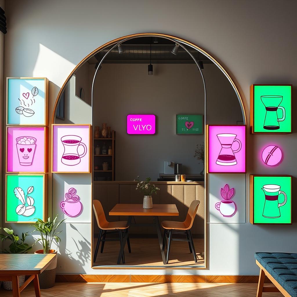 A delightful coffee shop corner showcasing a large arch-shaped mirror that reaches the floor, surrounded by vibrant light boxes of equal size