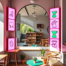 A delightful coffee shop corner showcasing a large arch-shaped mirror that reaches the floor, surrounded by vibrant light boxes of equal size