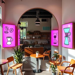 A delightful coffee shop corner showcasing a large arch-shaped mirror that reaches the floor, surrounded by vibrant light boxes of equal size