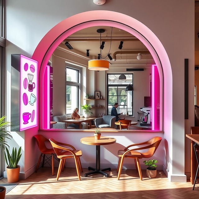 A delightful coffee shop corner showcasing a large arch-shaped mirror that reaches the floor, surrounded by vibrant light boxes of equal size