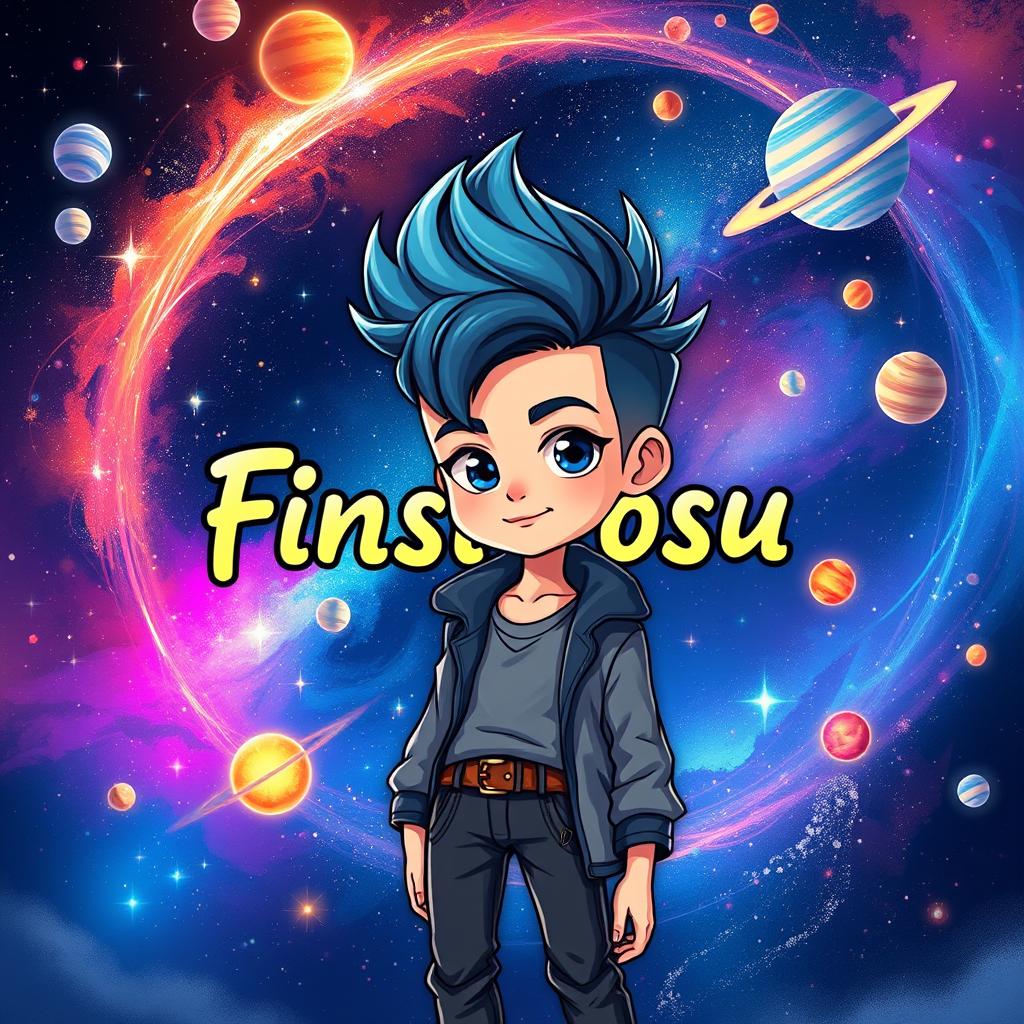 A fashionable boy with stylish hair standing in a vibrant space world filled with stars and colorful nebulae