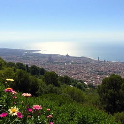 A breathtaking view from the viewpoint at Montjuïc mountain overlooking the vibrant city of Barcelona and the sparkling Mediterranean Sea