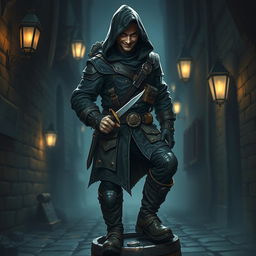 A mysterious DnD rogue standing in a dimly lit alley, wearing a dark leather outfit with intricate details, including pockets filled with tools of the trade and a hood that partially obscures their face