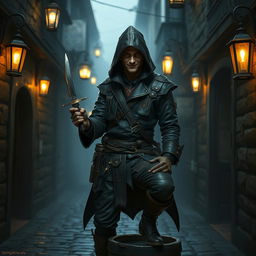 A mysterious DnD rogue standing in a dimly lit alley, wearing a dark leather outfit with intricate details, including pockets filled with tools of the trade and a hood that partially obscures their face