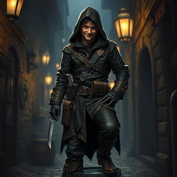 A mysterious DnD rogue standing in a dimly lit alley, wearing a dark leather outfit with intricate details, including pockets filled with tools of the trade and a hood that partially obscures their face