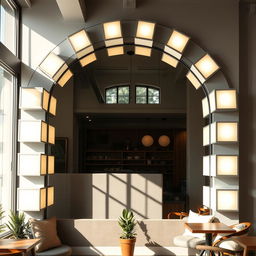A stylish coffee shop corner featuring an impressive arch-shaped mirror that reaches the floor, elegantly framed by white light boxes encircling the entire arch