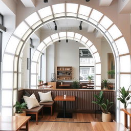 A stylish coffee shop corner featuring an impressive arch-shaped mirror that reaches the floor, elegantly framed by white light boxes encircling the entire arch