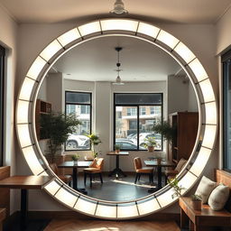 A stylish coffee shop corner featuring an impressive arch-shaped mirror that reaches the floor, elegantly framed by white light boxes encircling the entire arch