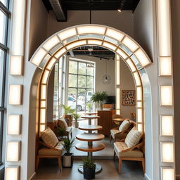 A stylish coffee shop corner featuring an impressive arch-shaped mirror that reaches the floor, elegantly framed by white light boxes encircling the entire arch