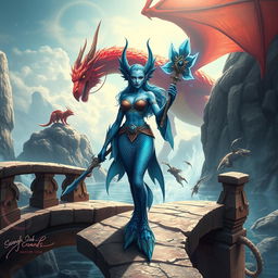 A female merfolk, a badass wizard with striking blue skin and large fish fins for ears, stands confidently on a beautifully crafted stone bridge