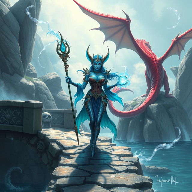 A female merfolk, a badass wizard with striking blue skin and large fish fins for ears, stands confidently on a beautifully crafted stone bridge