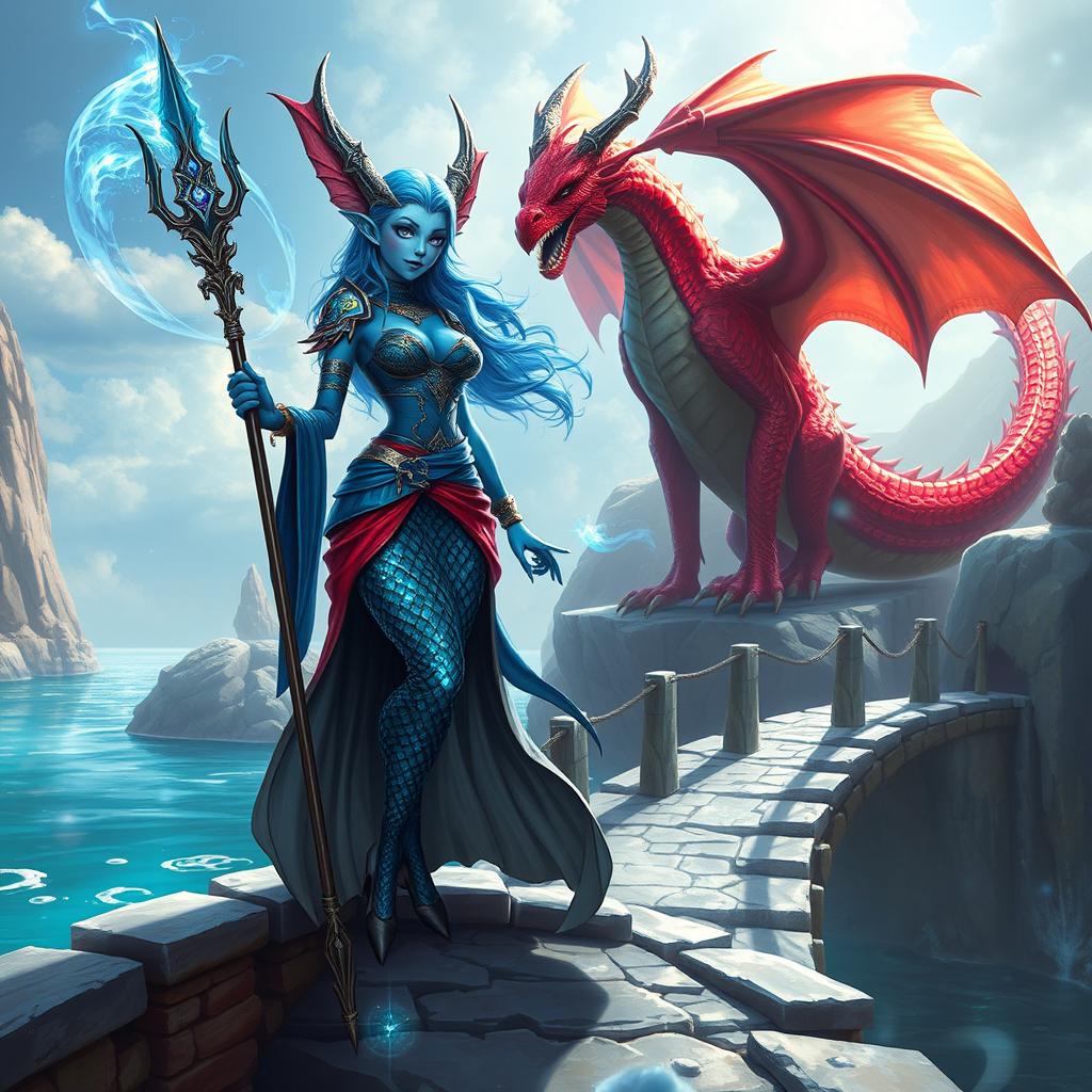 A female merfolk, a badass wizard with striking blue skin and large fish fins for ears, stands confidently on a beautifully crafted stone bridge