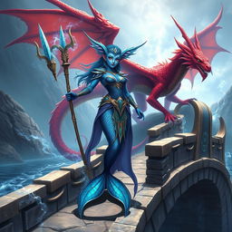 A female merfolk, a badass wizard with striking blue skin and large fish fins for ears, stands confidently on a beautifully crafted stone bridge