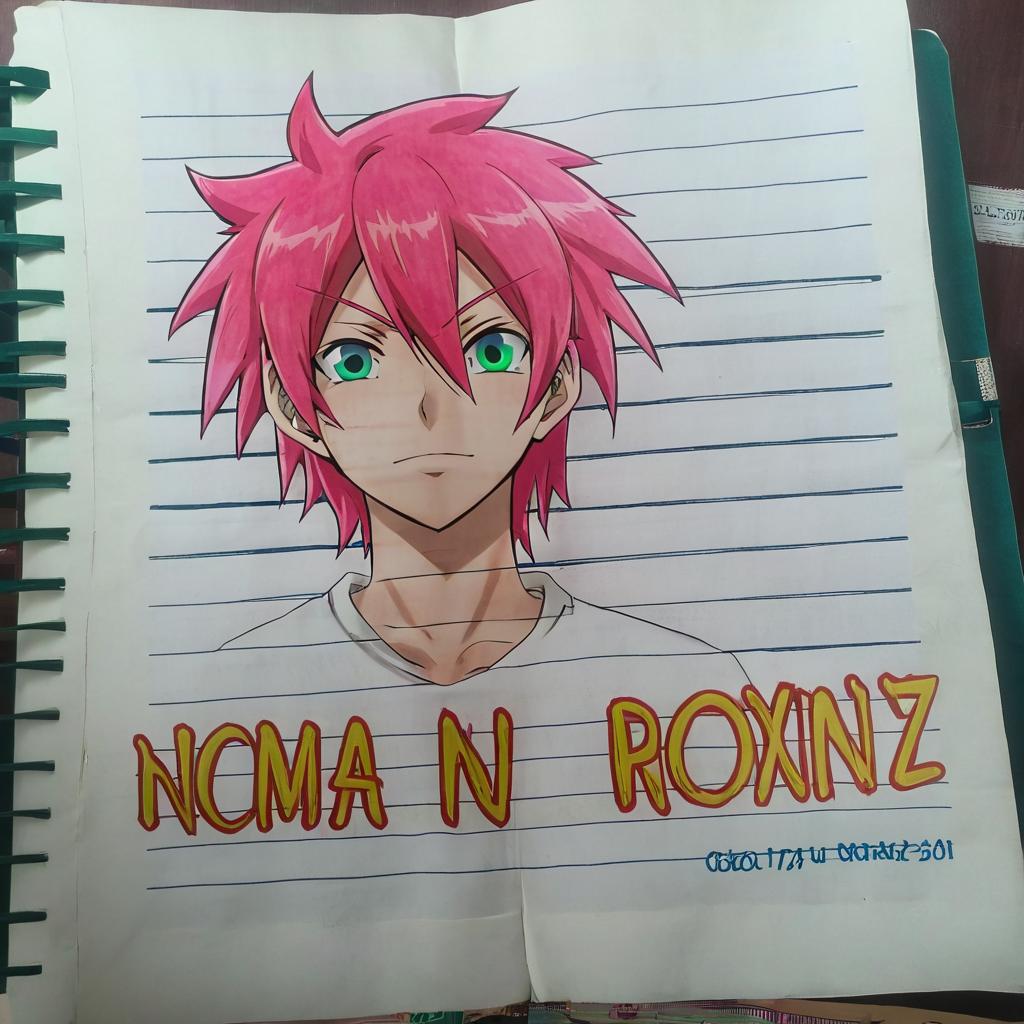 Personaje de anime chico de 17 años con pelo rosado con las puntas rojas,un ojo azul y el otro verde
