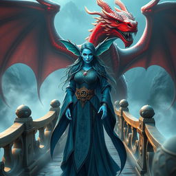 A fearless female merfolk wizard with vibrant blue skin, showcasing her ornate blue robes embellished with mystical symbols