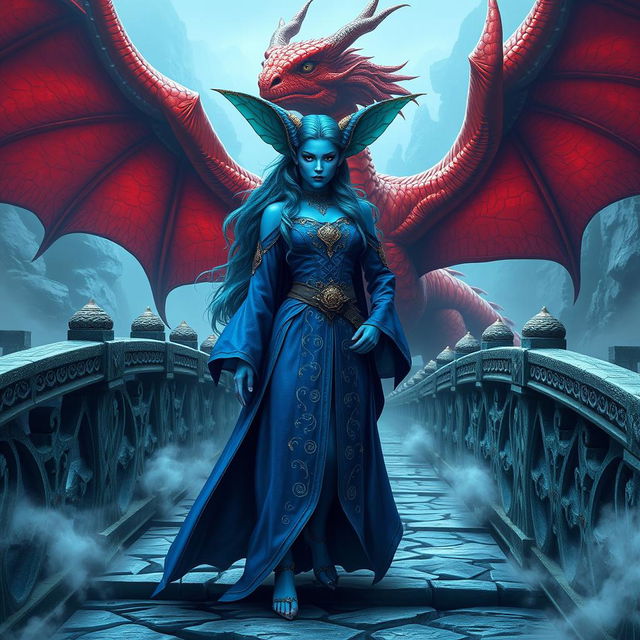 A fearless female merfolk wizard with vibrant blue skin, showcasing her ornate blue robes embellished with mystical symbols