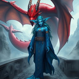 A fearless female merfolk wizard with vibrant blue skin, showcasing her ornate blue robes embellished with mystical symbols