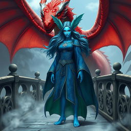 A fearless female merfolk wizard with vibrant blue skin, showcasing her ornate blue robes embellished with mystical symbols