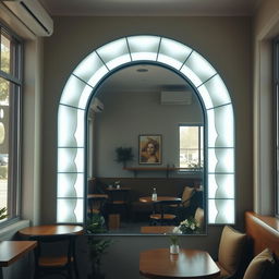 A charming coffee shop corner featuring a large floor-to-ceiling arch-shaped mirror, beautifully framed by white light boxes evenly surrounding it