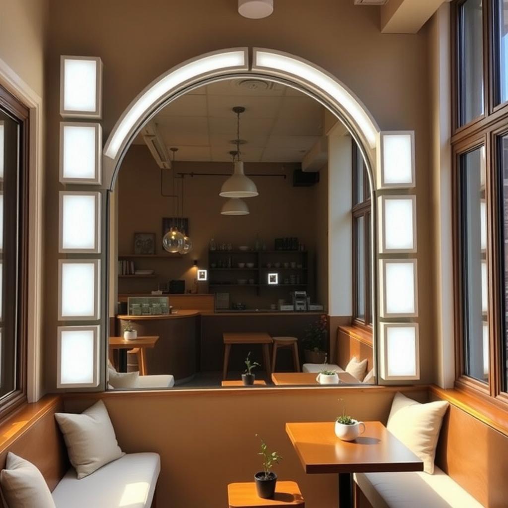 A charming coffee shop corner featuring a large floor-to-ceiling arch-shaped mirror, beautifully framed by white light boxes evenly surrounding it