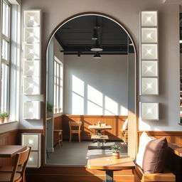 A charming coffee shop corner featuring a large floor-to-ceiling arch-shaped mirror, beautifully framed by white light boxes evenly surrounding it