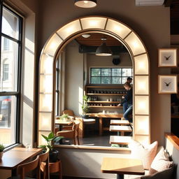 A charming coffee shop corner featuring a large floor-to-ceiling arch-shaped mirror, beautifully framed by white light boxes evenly surrounding it