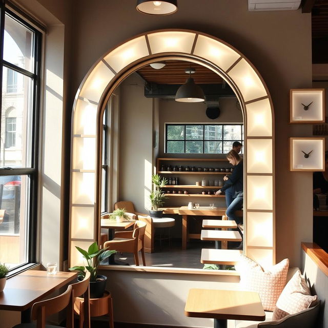 A charming coffee shop corner featuring a large floor-to-ceiling arch-shaped mirror, beautifully framed by white light boxes evenly surrounding it