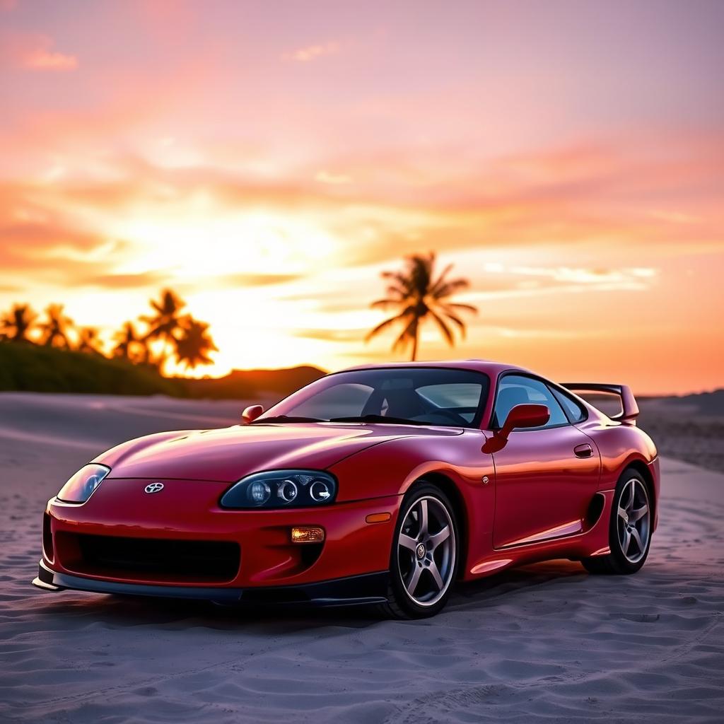 A stunning Toyota Supra MK4, recognized as one of the most beautiful cars, parked on a picturesque beach during sunset