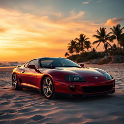 A stunning Toyota Supra MK4, recognized as one of the most beautiful cars, parked on a picturesque beach during sunset