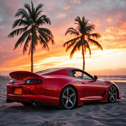 A stunning Toyota Supra MK4, recognized as one of the most beautiful cars, parked on a picturesque beach during sunset