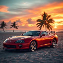 A stunning Toyota Supra MK4, recognized as one of the most beautiful cars, parked on a picturesque beach during sunset