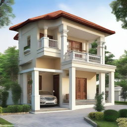 A beautiful two-story house in the Assam design, with a sheet on the first floor and a balcony area.