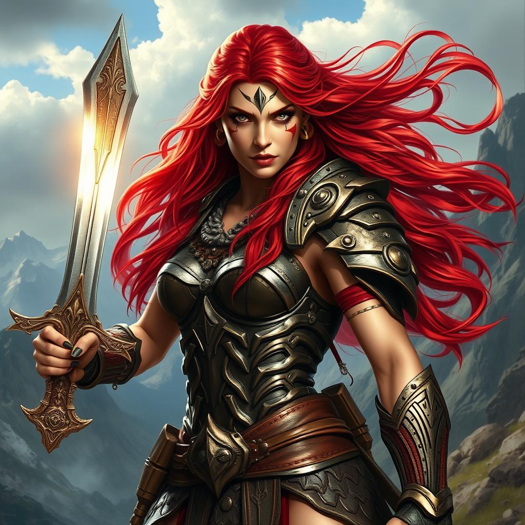 A fierce warrior woman inspired by the classic character Red Sonja, clad in intricately designed, form-fitting battle armor with vibrant red accents