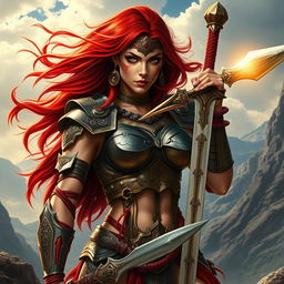 A fierce warrior woman inspired by the classic character Red Sonja, clad in intricately designed, form-fitting battle armor with vibrant red accents