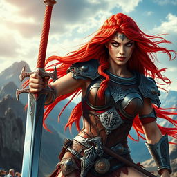 A fierce warrior woman inspired by the classic character Red Sonja, clad in intricately designed, form-fitting battle armor with vibrant red accents