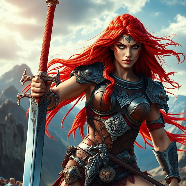 A fierce warrior woman inspired by the classic character Red Sonja, clad in intricately designed, form-fitting battle armor with vibrant red accents