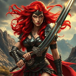 A fierce warrior woman inspired by the classic character Red Sonja, clad in intricately designed, form-fitting battle armor with vibrant red accents
