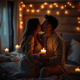 An intimate and romantic scene featuring a couple in a cozy, dimly-lit bedroom
