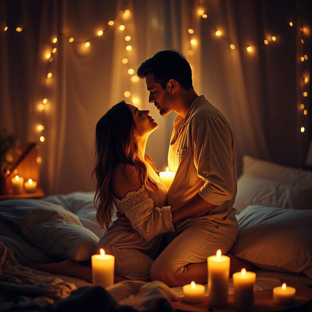 An intimate and romantic scene featuring a couple in a cozy, dimly-lit bedroom