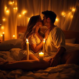 An intimate and romantic scene featuring a couple in a cozy, dimly-lit bedroom