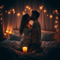An intimate and romantic scene featuring a couple in a cozy, dimly-lit bedroom