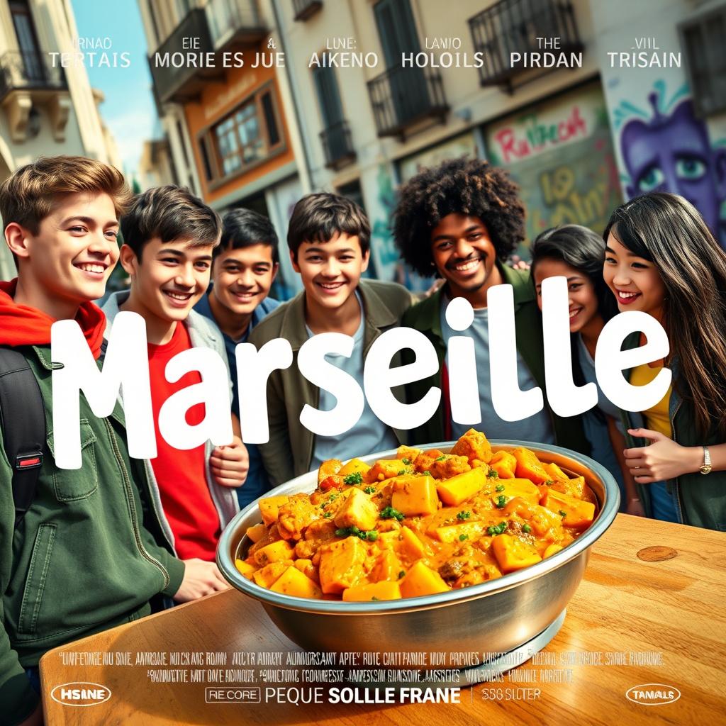 A movie poster featuring a vibrant street scene from Marseille, showcasing a playful and colorful curry dish at the forefront