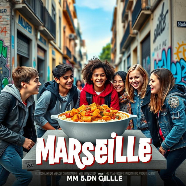 A movie poster featuring a vibrant street scene from Marseille, showcasing a playful and colorful curry dish at the forefront