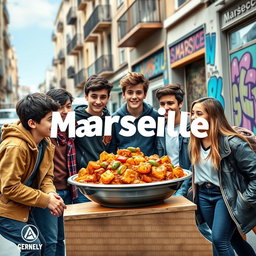 A movie poster featuring a vibrant street scene from Marseille, showcasing a playful and colorful curry dish at the forefront
